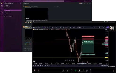 The Kerwin's Trading Floor Slack workspace open beside a live gold chart on TradingView